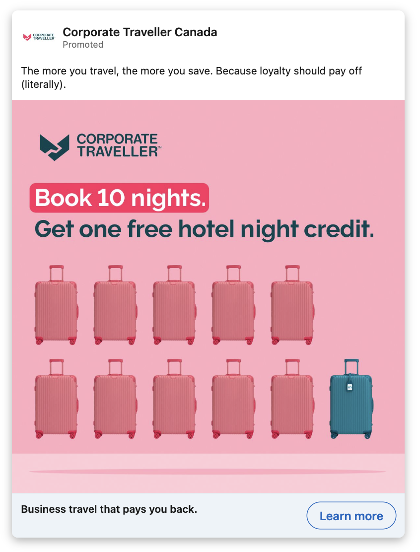 Corporate Traveler ad: book 10 nights, get one free hotel night credit