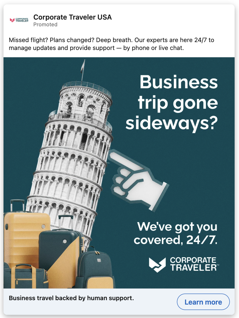 Corporate Traveler ad: business trip gone sideways?